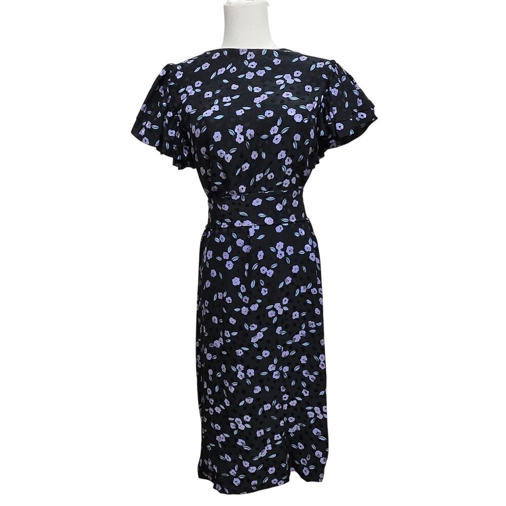 Vintage 80 90s Whimsigoth Cottage Purple Floral Silk Flutter Sleeve Midi Dress 6